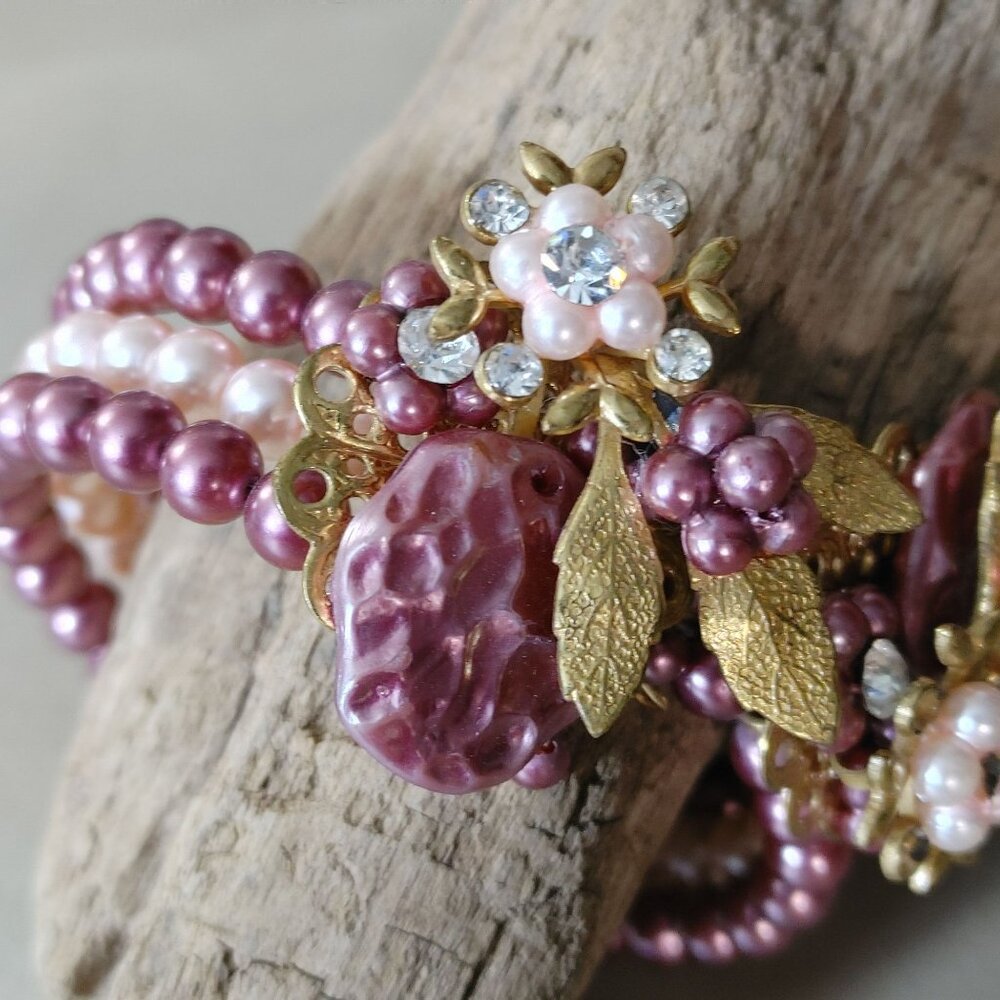 Cuff Beaded Bracelet Vintage Pink Gold Floral Beaded Rhinestones Faux Pearl - Picture 3 of 16